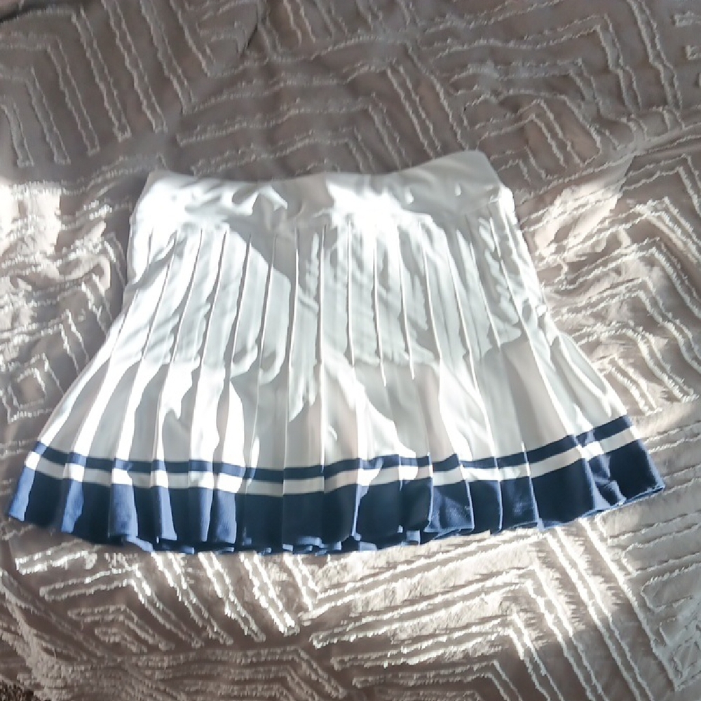 White and Blue Pleated Mini Skater Skirt